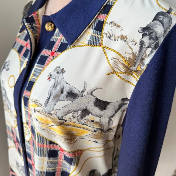 Rare VTG Whimsy Novelty Dog Print Plaid Teacher Button Up Blouse Equestrian S/M - Picture 6 of 13